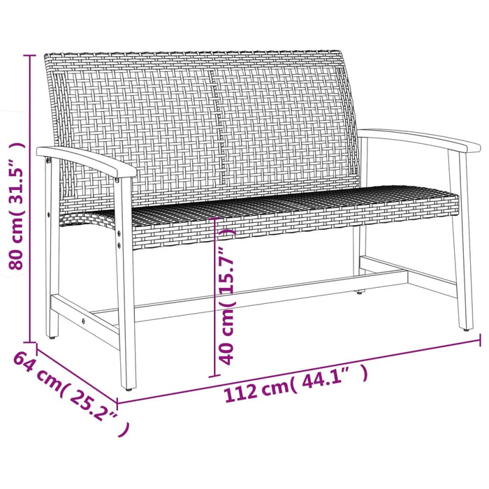 Grey and brown PE rattan outdoor garden bench with wooden armrests and measurement dimensions