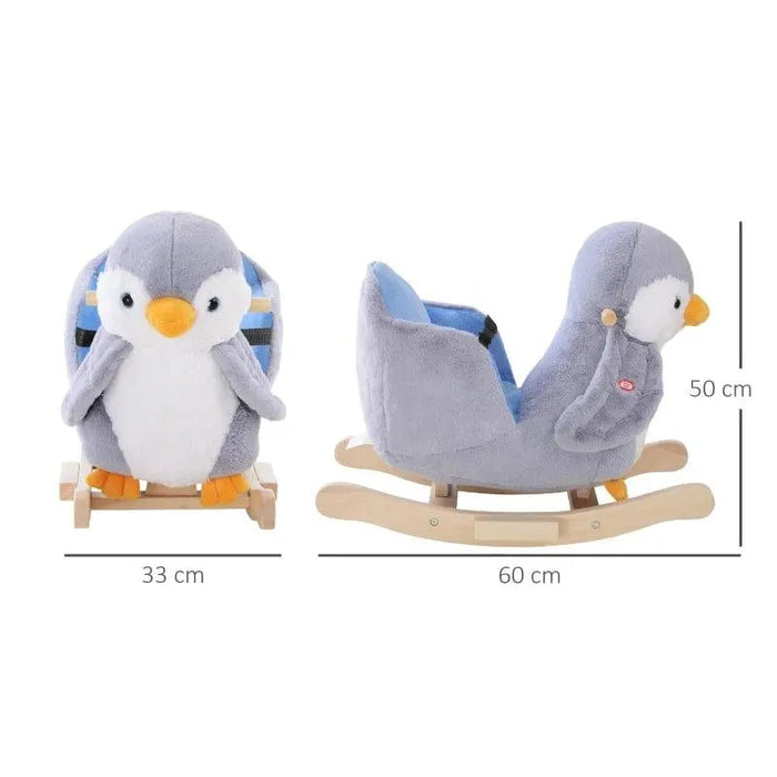 Plush penguin rocking horse with padded seat, wood base, and size dimensions shown
