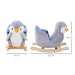 Plush penguin rocking horse with padded seat, wood base, and size dimensions shown