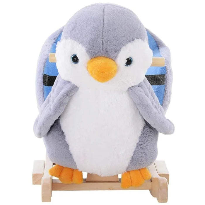 Plush penguin rocking horse with wooden base and blue padded seat for kids