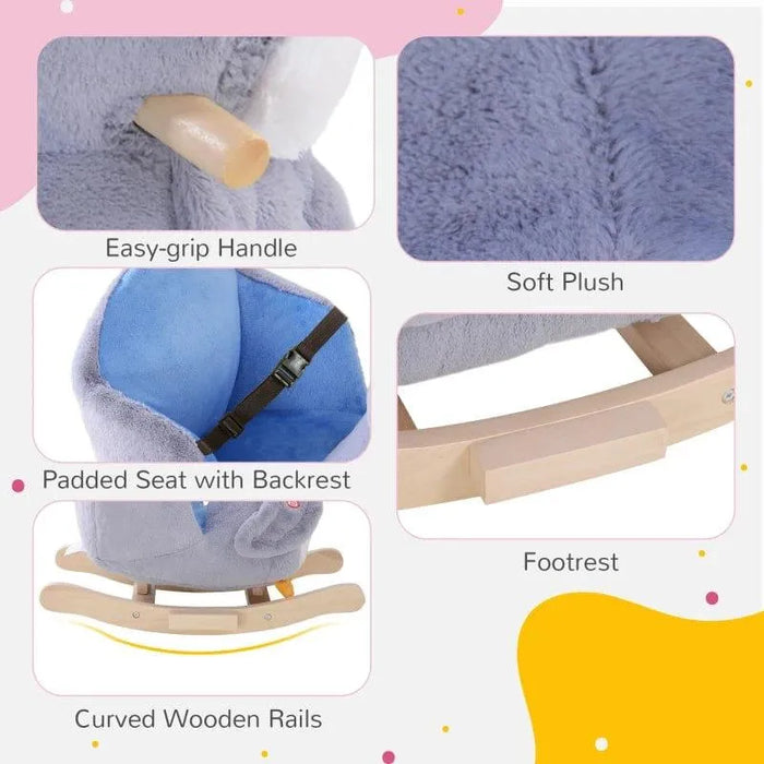 Penguin rocking horse with plush seat, easy-grip handle, footrest, and curved wooden rails