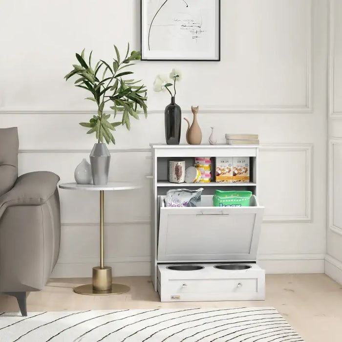 Pet Feeder Station – White Storage Cabinet | Pull-Out Feeding Drawer with 2 Bowls PAWHUT - Little and Giant Explorers PawHut