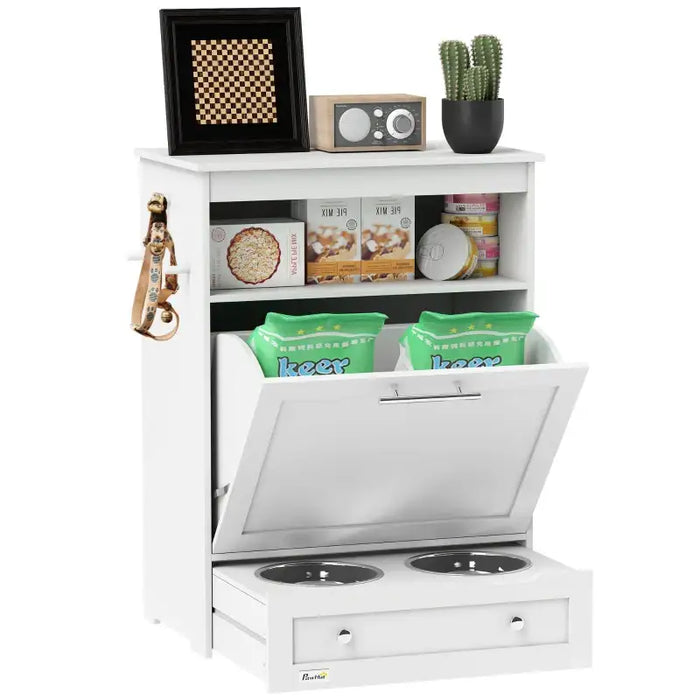 Pet Feeder Station – White Storage Cabinet | Pull-Out Feeding Drawer with 2 Bowls PAWHUT - Little and Giant Explorers PawHut