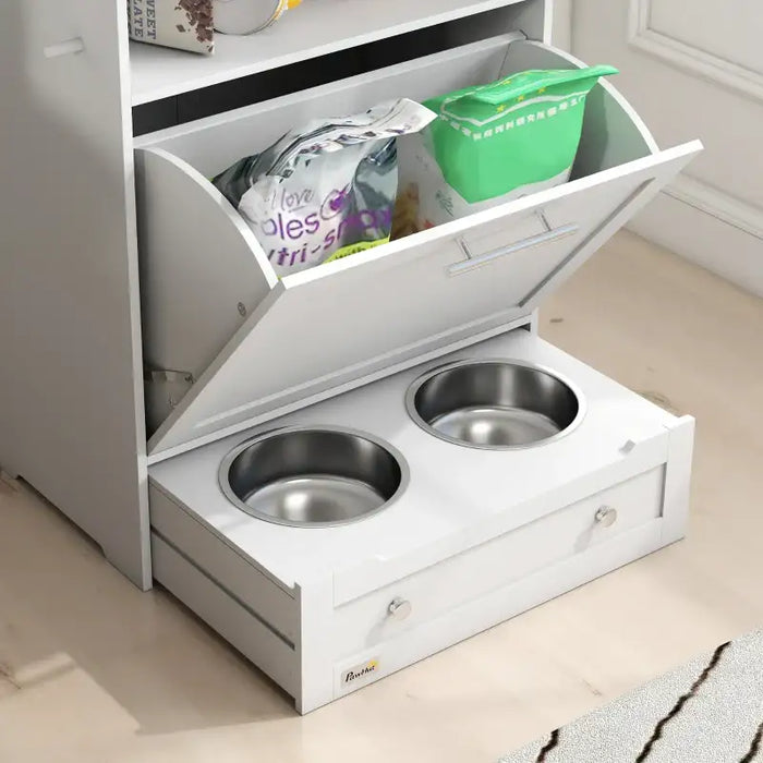 Pet Feeder Station – White Storage Cabinet | Pull-Out Feeding Drawer with 2 Bowls PAWHUT - Little and Giant Explorers PawHut