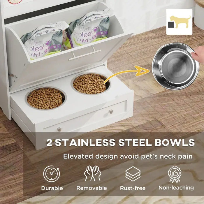 Pet Feeder Station – White Storage Cabinet | Pull-Out Feeding Drawer with 2 Bowls PAWHUT - Little and Giant Explorers PawHut