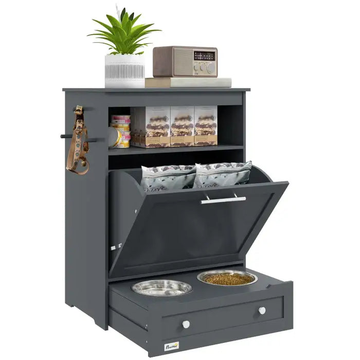 Pet Feeder Station with Storage Cabinet - Grey | Pull-Out Drawer with 2 Bowls PAWHUT - Little and Giant Explorers PawHut