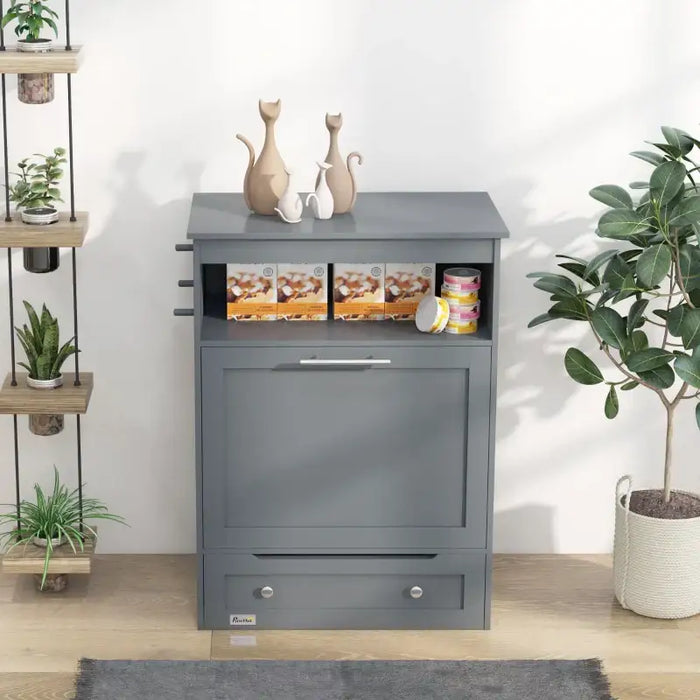 Pet Feeder Station with Storage Cabinet - Grey | Pull-Out Drawer with 2 Bowls PAWHUT - Little and Giant Explorers PawHut