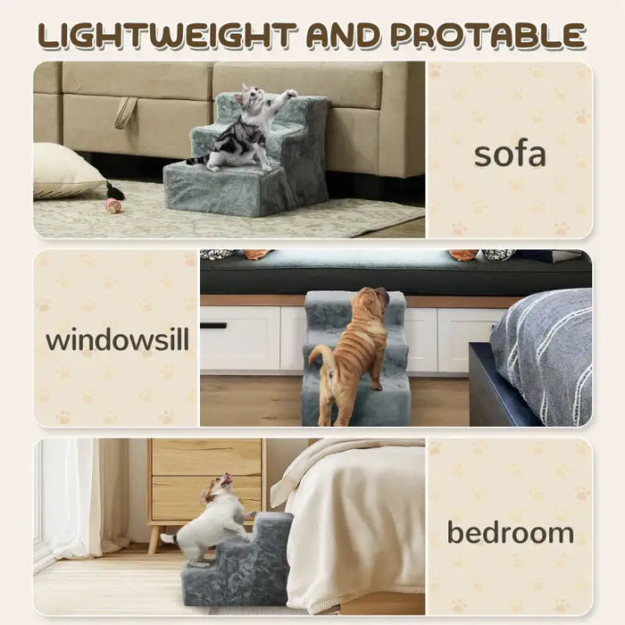 Pet Stairs – Light Grey | Flannel 4-Step Dog Steps - Portable and Supportive Design PAWHUT - Little and Giant Explorers PawHut