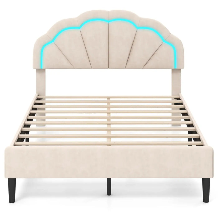 Petal Headboard Upholstered Bed Frame – LED RGB Lights | Beige or Pink Velvet Finish COSTWAY - Little and Giant Explorers Costway