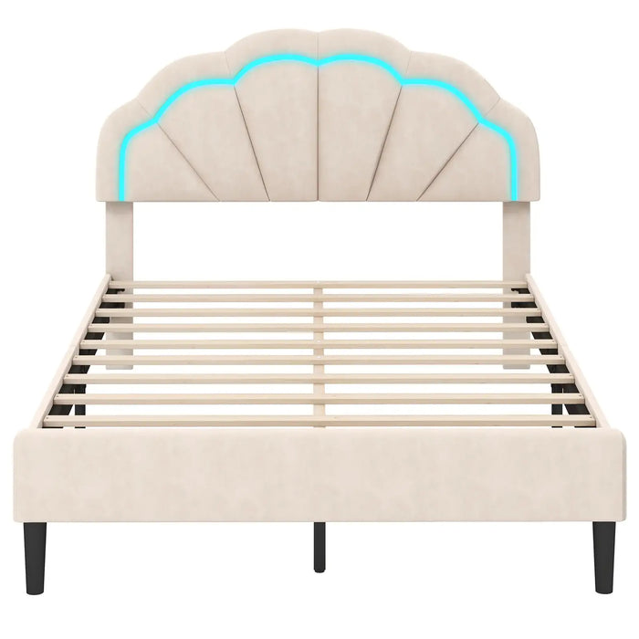 Petal Headboard Upholstered Bed Frame – LED RGB Lights | Beige or Pink Velvet Finish COSTWAY - Little and Giant Explorers Costway