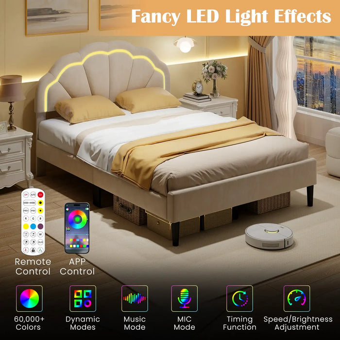 Petal Headboard Upholstered Bed Frame – LED RGB Lights | Beige or Pink Velvet Finish COSTWAY - Little and Giant Explorers Costway
