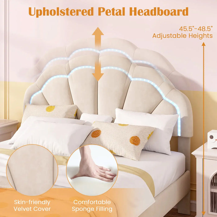 Petal Headboard Upholstered Bed Frame – LED RGB Lights | Beige or Pink Velvet Finish COSTWAY - Little and Giant Explorers Costway