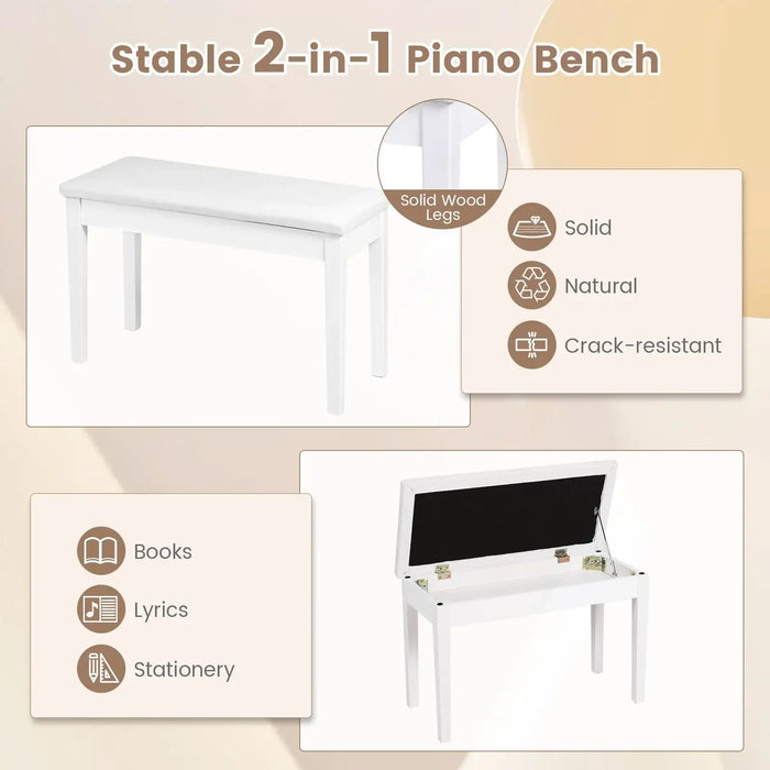 Stable 2-in-1 Piano Bench with solid wood legs, features, and uses.