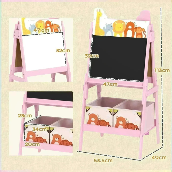 Pink Animal Themed 2 -in-1 Kids Easel with Whiteboard and Blackboard - Little and Giant Explorers AIYAPLAY