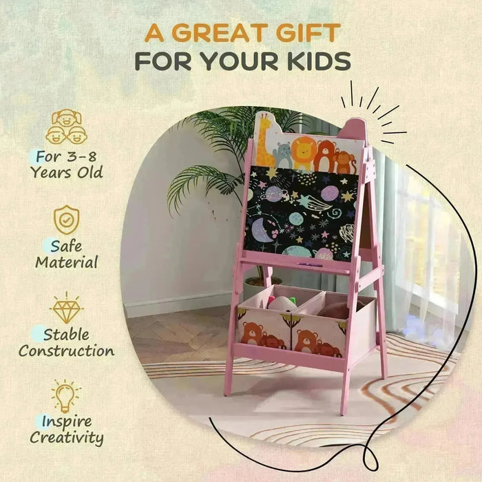 Pink Animal Themed 2 -in-1 Kids Easel with Whiteboard and Blackboard - Little and Giant Explorers AIYAPLAY