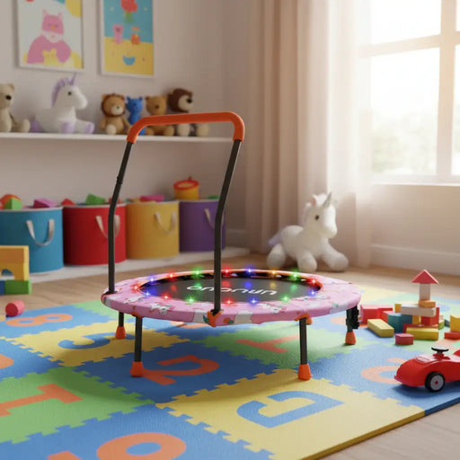 Children's trampoline with colorful lights in a room with toys and alphabet mats