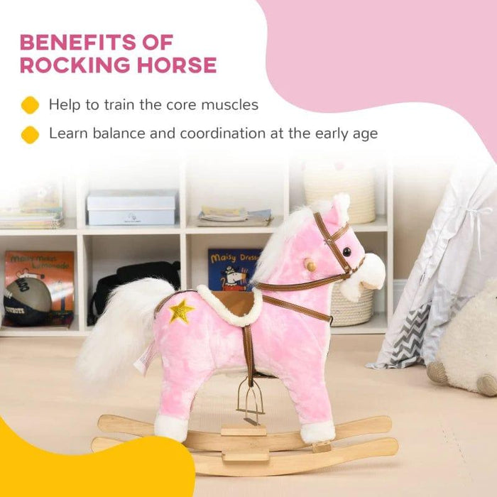 Pink Rocking Horse with Music, Hoof Beats, Horse Neighs and Saddle - Little and Giant Explorers HOMCOM