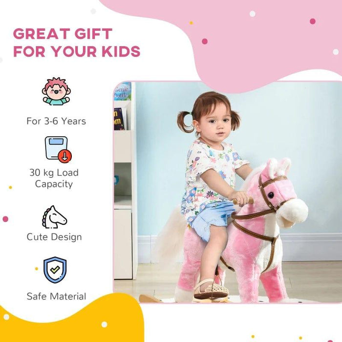 Pink Rocking Horse with Music, Hoof Beats, Horse Neighs and Saddle - Little and Giant Explorers HOMCOM