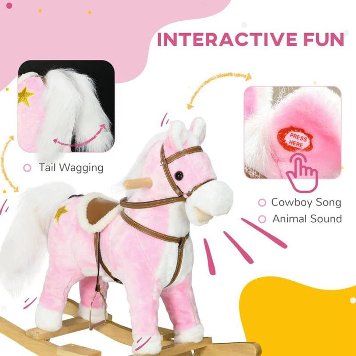 Pink Rocking Horse with Music, Hoof Beats, Horse Neighs and Saddle - Little and Giant Explorers HOMCOM