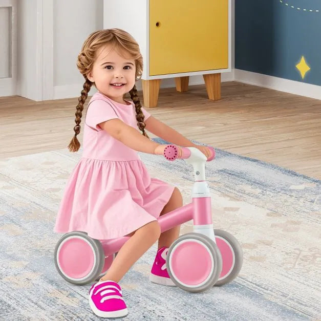 Pink Toddler Balance Bike – 4-Wheel Stability | Adjustable Seat and Handlebar COSTWAY - Little and Giant Explorers Costway