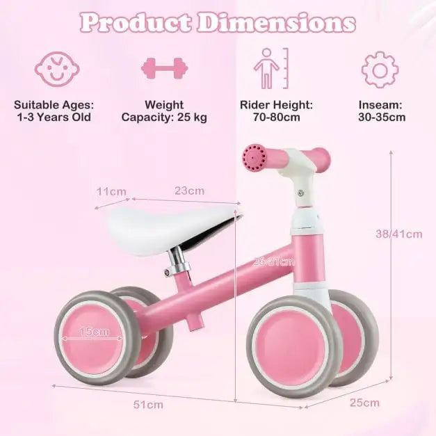 Pink Toddler Balance Bike – 4-Wheel Stability | Adjustable Seat and Handlebar COSTWAY - Little and Giant Explorers Costway