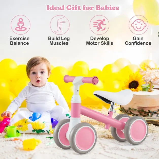 Pink Toddler Balance Bike – 4-Wheel Stability | Adjustable Seat and Handlebar COSTWAY - Little and Giant Explorers Costway