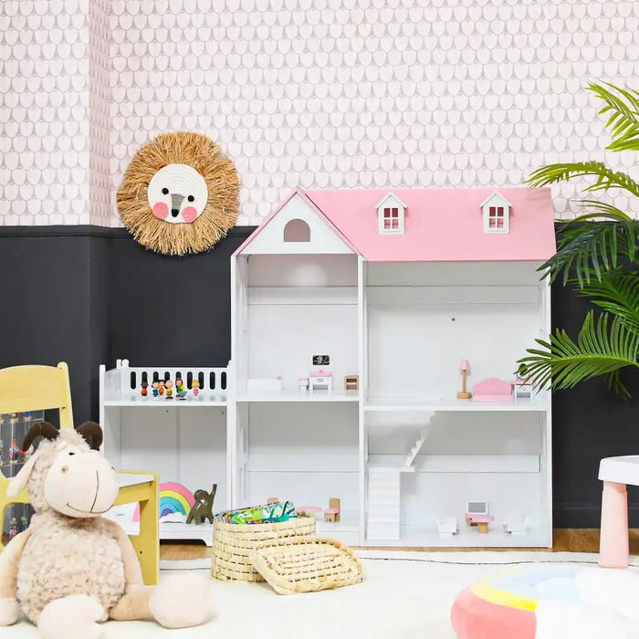 Dollhouse Bookshelf | Dual-Purpose Storage with 5 Compartments and Bonus Balcony - Little and Giant Explorers Costway