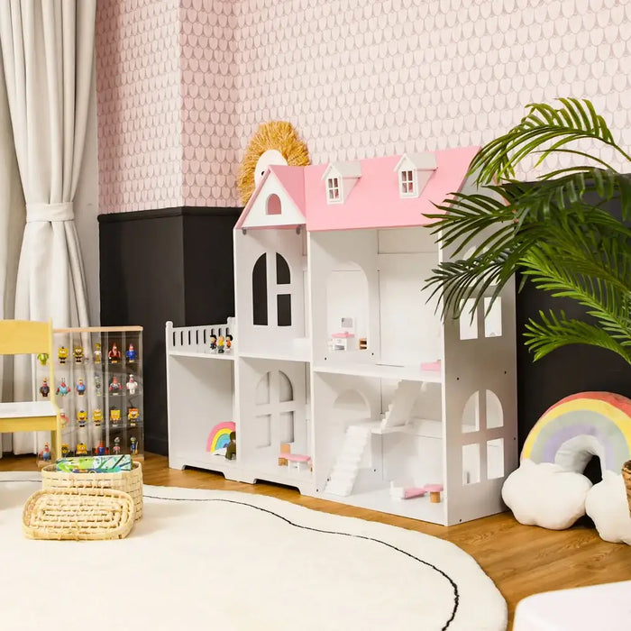 Dollhouse Bookshelf | Dual-Purpose Storage with 5 Compartments and Bonus Balcony - Little and Giant Explorers Costway