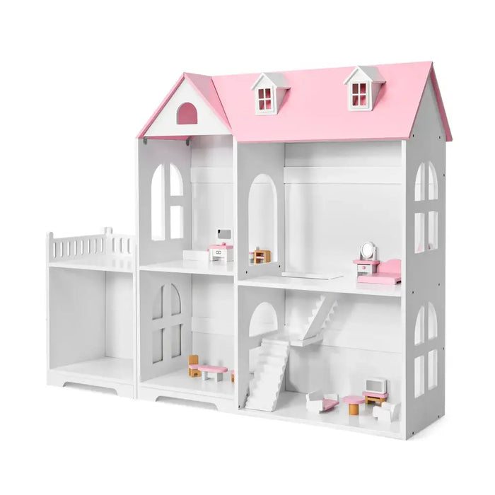 Dollhouse Bookshelf | Dual-Purpose Storage with 5 Compartments and Bonus Balcony - Little and Giant Explorers Costway