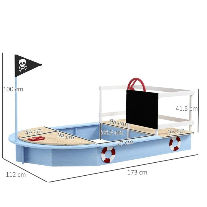 Pirate Ship Wooden Kids Sandbox with Blackboard and Rudder - Little and Giant Explorers Outsunny