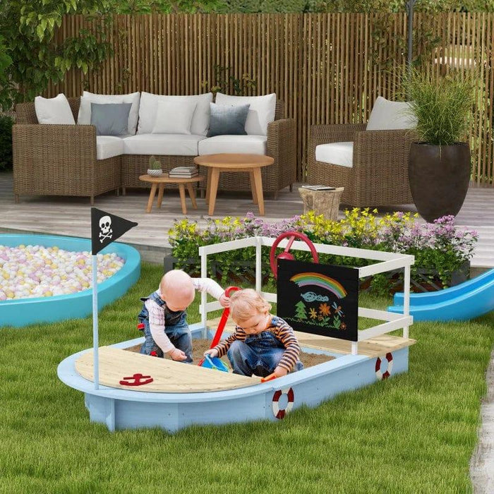 Pirate Ship Wooden Kids Sandbox with Blackboard and Rudder - Little and Giant Explorers Outsunny