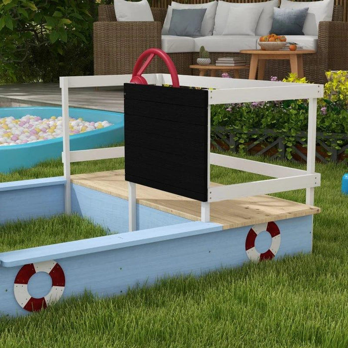 Pirate Ship Wooden Kids Sandbox with Blackboard and Rudder - Little and Giant Explorers Outsunny