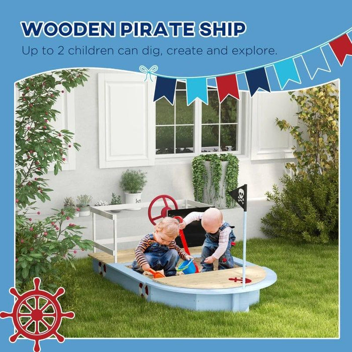 Pirate Ship Wooden Kids Sandbox with Blackboard and Rudder - Little and Giant Explorers Outsunny