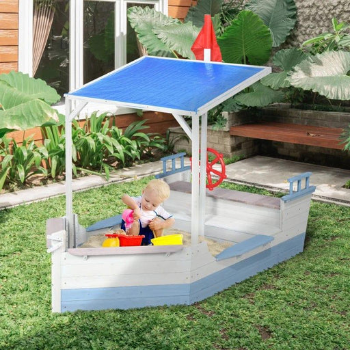 Pirate Ship Wooden Kids Sandbox with UV Protection Canopy - Little and Giant Explorers Outsunny