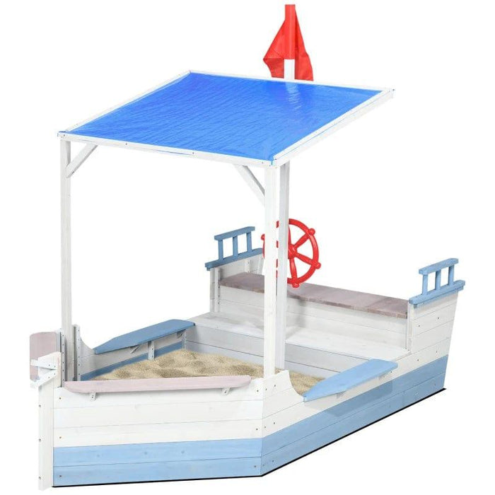 Pirate Ship Wooden Kids Sandbox with UV Protection Canopy - Little and Giant Explorers Outsunny