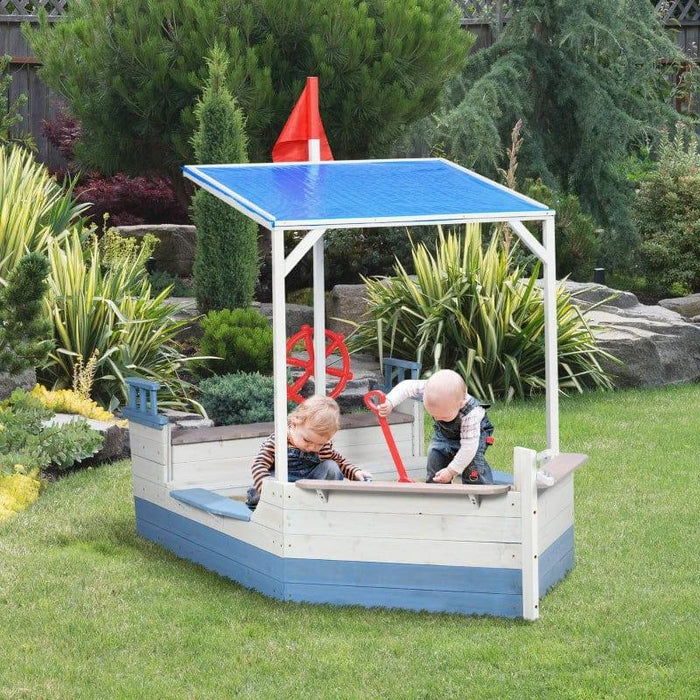 Pirate Ship Wooden Kids Sandbox with UV Protection Canopy - Little and Giant Explorers Outsunny