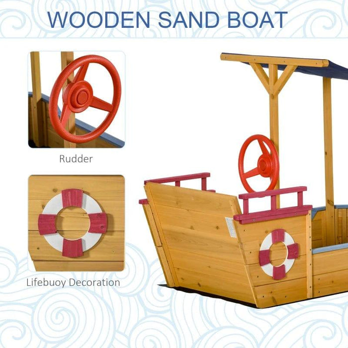 Pirate Ship Wooden Sandbox with Canopy, Bench Seat and Storage Space - Little and Giant Explorers Outsunny