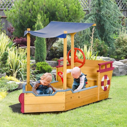 Pirate Ship Wooden Sandbox with Canopy, Bench Seat and Storage Space - Little and Giant Explorers Outsunny