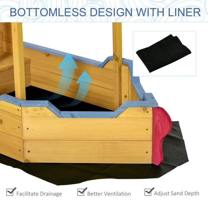 Pirate Ship Wooden Sandbox with Canopy, Bench Seat and Storage Space - Little and Giant Explorers Outsunny