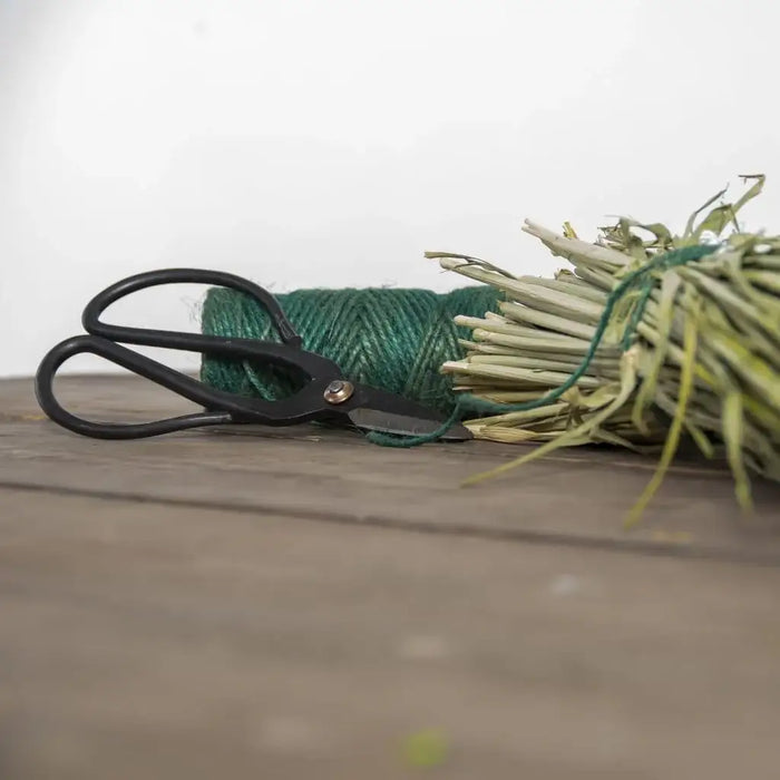 Garden scissors, green jute twine, and tied plant stems on wooden surface