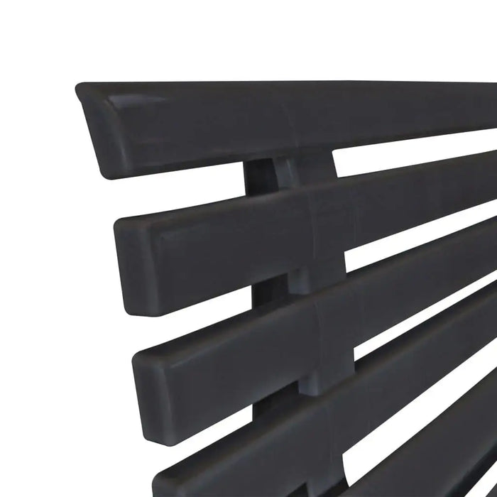Close-up of an anthracite plastic garden bench with slatted, weather-resistant design