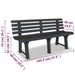 Anthracite plastic garden bench with slatted back, weather-resistant, dimensions labeled.