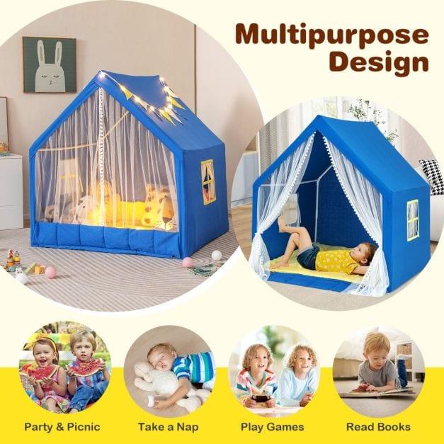 Playhouse with Mat, Star Lights and Windows in Blue - Little and Giant Explorers Costway