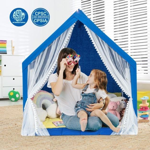 Playhouse with Mat, Star Lights and Windows in Blue - Little and Giant Explorers Costway