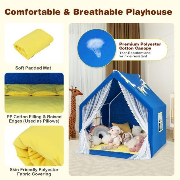 Playhouse with Mat, Star Lights and Windows in Blue - Little and Giant Explorers Costway