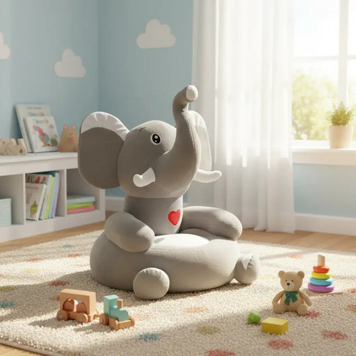 Plush elephant chair with a red heart in a plush playroom