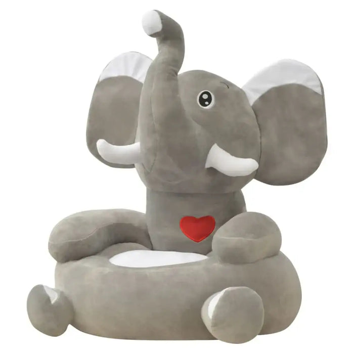 Plush elephant chair with a red heart on a white background