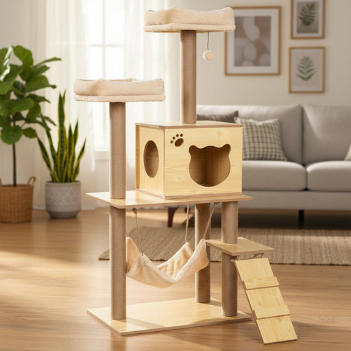 Modern beige and wooden cat tree with hammock, platforms, scratching posts, and a cat-shaped cubby in bright living room