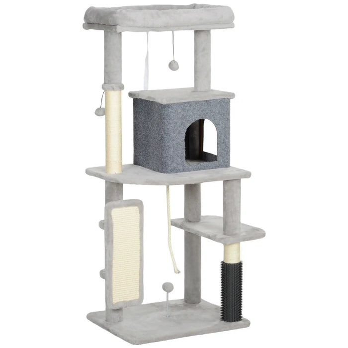 Gray multi-level cat tree with scratching posts, cozy cubby, and hanging toys