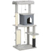 Gray multi-level cat tree with scratching posts, cozy cubby, and hanging toys